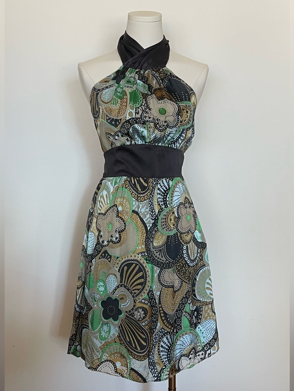 Y2K Vintage Betsey Johnson 100% Silk Floral Halter High Neck Dress Green Brown 4